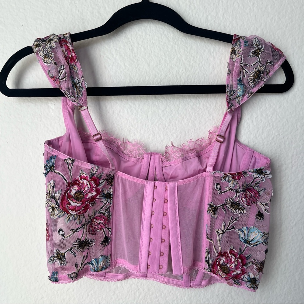 Whimsigoth Pink Floral Corset Crop Top Lace Bustier Fairycore Cottagecore Y2K - Picture 2 of 13